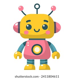 Fröhlicher, lustiger Cartoon-Kinderroboter. Cute Cyborg, futuristische moderne Bot, Android, lächelnder Charakter in flacher Vektorgrafik einzeln auf weißem Hintergrund. Konzept der Wissenschaftstechnologie.