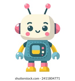 Fröhlicher, lustiger Cartoon-Kinderroboter. Cute Cyborg, futuristische moderne Bot, Android, lächelnder Charakter in flacher Vektorgrafik einzeln auf weißem Hintergrund. Konzept der Wissenschaftstechnologie.