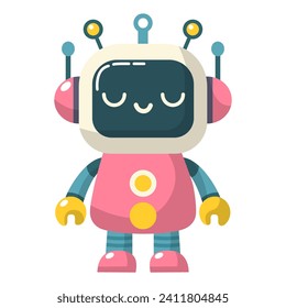 Cheerful funny cartoon children's robot. Cute cyborg, futuristic modern bot, android, smiling character in flat vector illustration isolated on white background. Science technology concept.