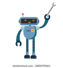 Cheerful funny cartoon children's robot. Cute cyborg, futuristic modern bot, android, smiling character in flat vector illustration isolated on white background. Science technology concept.