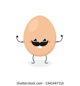 Cheerful funny cartoon egg with mustache boasting his biceps. Vector flat illustration isolated on white background 