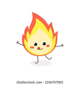 Cheerful funny cartoon fire flame character. Vector flat illustration isolated on white background