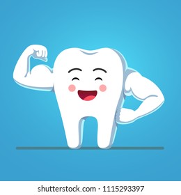 Cheerful funny cartoon tooth character showing sturdy enamel biceps. Strong and healthy bodybuilder tooth metaphor. Motivational clipart. Children dentistry character. Flat vector isolated illustratio