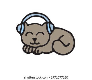 Cheerful funny cat. illustration. Listening to music. Cartoon sketch style. Hand outline drawing Kitty animal. vector