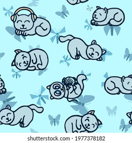 Cheerful funny cat. Seamless illustration. Cartoon sketch style. Hand outline drawing Kitty animal. vector