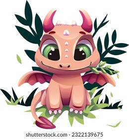 Cheerful funny dinosaur with big kind green eyes sits and looks at you. A dragon with pink horns and pink wings chews a twig with leaves.