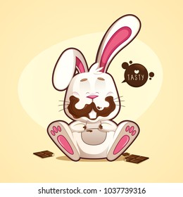 Cheerful and funny dirty chocolate rabbit with chocolates bitten around with a sign saying tasty. vector illustration