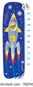 Cheerful funny dog or puppy in space rocket. Height chart or meter wall or wall sticker. Childrens vector illustration with scale from 50 to 120 centimeter to measure growth