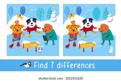 Cheerful funny dogs animals ​in forest ​on ice rink. Find 7 differences. Game for children. Activity, vector.