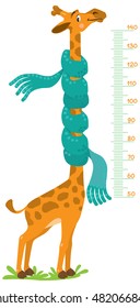 Cheerful funny giraffe in green scarf. Height meter or meterwall or wall sticker. Childrens vector illustration with scale from 50 to 140 centimeter.