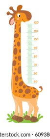 Cheerful funny giraffe with long neck. Height chart or meter wall sticker. Children vector illustration with scale from 50 to 120 centimeter to measure growth