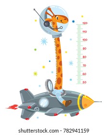 Cheerful funny giraffe on space rocket. Height chart or meter wall or wall sticker. Childrens vector illustration with scale from 50 to 120 centimeter to measure growth