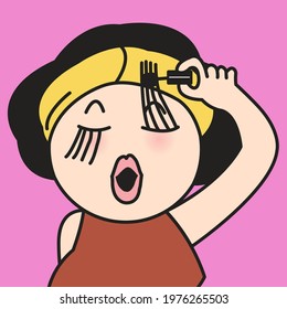 Cheerful Funny Girl Applying Brush Of Mascara To Make An Extreme Long Eyelashes. Make-up, Cosmetics, Beauty Concept Card Character illustration