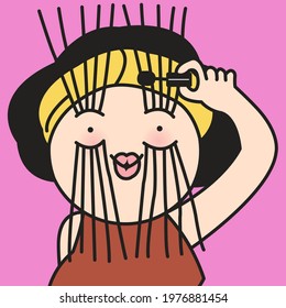 Cheerful Funny Girl Applying Brush Of Mascara To Make A Super Extreme Long Eyelashes. Make-up, Cosmetics, Beauty Concept Card Character illustration