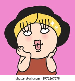 Cheerful Funny Girl Blowing Air To Create More Volume On Her Extreme Long Eyelashes. Make-up, Cosmetics, Beauty Concept Card Character illustration