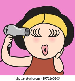 Cheerful Funny Girl Using A Hairdryer To Blow Dry And Curl Her Extreme Long Eyelashes. Make-up, Cosmetics, Beauty Concept Card Character illustration