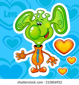 The cheerful funny green alien with orange hearts, vector illustration