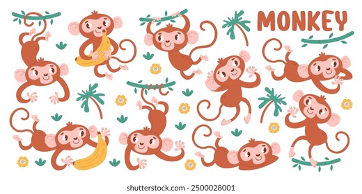 Cheerful funny monkey cartoon characters jumping, playing, fooling around, eating banana in jungle isolated set. Cute sweet animal, happy baby ape design. Wildlife and zoo vector illustration