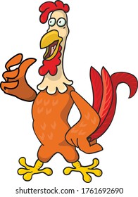A cheerful funny multi-colored rooster with a red tail raised its wing up. Isolated on a white background. Vector illustration in cartoon style.