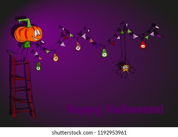 cheerful and funny pumpkin and spiders hang out decorations for halloween, greeting card, sketch vector illustration on white background
