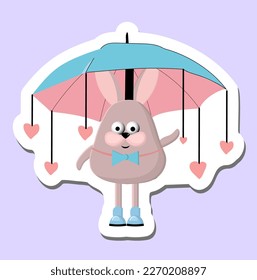 Cheerful funny rabbit with hearts. Loving mood bunny. spring sticker