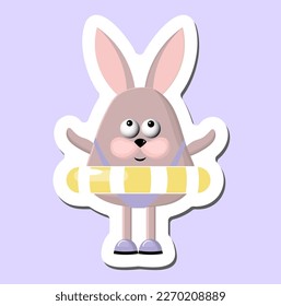 Cheerful funny rabbit on the beach. Bunny with a swim ring. spring sticker