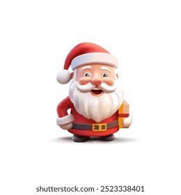 Cheerful, funny Santa Claus character with a gift, 3D. Merry Christmas. Icon. Realistic image for holiday advertising concepts, and gifts. Vector illustration.