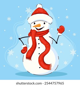 Cheerful Funny Snowman in a Santa Hat and Red Scarf, Waving Amidst Falling Snowflakes. Christmas icon isolated on a blue background