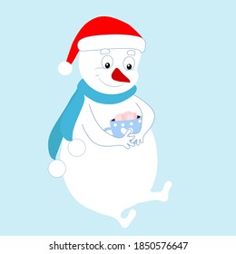 Cheerful funny snowman sits and holds a cup with hot chocolate and marshmallows. Cartoon vector winter character. Picture for Christmas cards, Christmas balls and holiday decor. 
