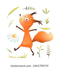 Cheerful funny squirrel, playful animal character for children. Illustrated running and jumping little squirrel character for kids. Isolated vector animal clipart for children in watercolor style.