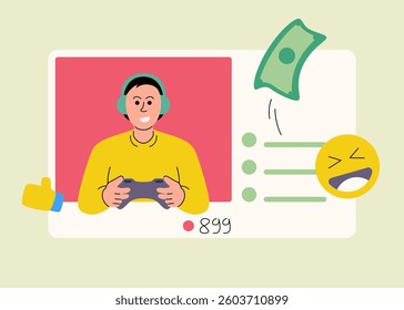 A cheerful gamer streaming online with audience interaction and receiving support