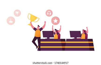 Cheerful Gamers Celebrate Win in Cybersport Tournament or Competition. Happy Man with Golden Goblet Trophy in Hand Jumping and Share Happiness with Team Characters. Cartoon People Vector Illustration