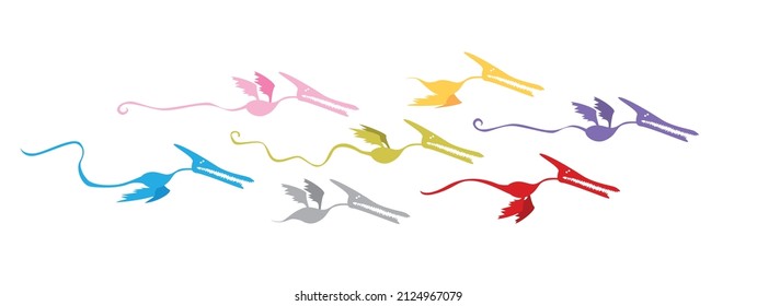 Cheerful gang of colorful winged monsters with big teeth flies north. Vector image for prints, poster and illustrations.