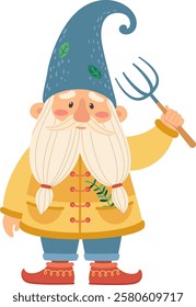 Cheerful garden gnome, complete with a pointed blue hat and long white beard, stands proudly holding a pitchfork, ready to tend to his beloved garden