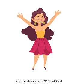 Cheerful garden gnome or forest elf girl cartoon character, flat vector illustration isolated on white background. Fairy tale fantasy elf or pixie kid creature.