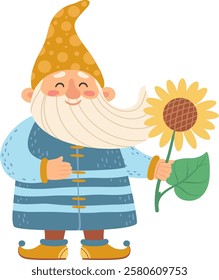 Cheerful garden gnome holding a sunflower, dressed in a long blue coat and yellow pointy hat, isolated on white, perfect for children s book illustrations or fantasy projects