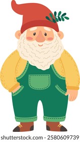 Cheerful garden gnome with a long white beard, dressed in green overalls, a yellow shirt, and a red pointed hat, standing with one hand in his pocket and smiling