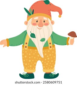 Cheerful garden gnome with a long white beard, playfully adorned with autumn leaves, happily holding a vibrant mushroom, capturing the enchanting charm of fall and folklore