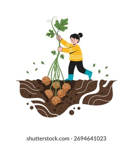 Um jardineiro alegre puxa vários vegetais de raiz da terra, apresentando uma colheita fresca e as alegrias da agricultura sustentável.