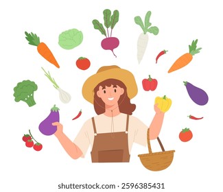Cheerful gardener with various vegetables and basket isolate on white background. Shopping at organic farm market. Fresh and green grocery for healthy people. Harvesting vegetable from garden.
