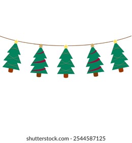 A cheerful garland featuring stylized Christmas trees adorned with stars. Ideal for holiday decor, this illustration evokes festive warmth and joy, perfect for seasonal cards and decorations.