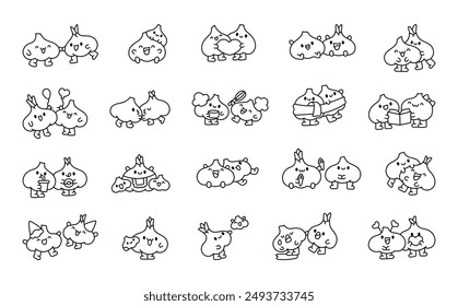Cheerful garlic couple with funny faces. Coloring Page. Cute cartoon vegetable friends. Hand drawn style. Vector drawing. Collection of design elements.