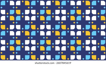 A cheerful geometric pattern with a dark blue background and quarter circle elements in white, yellow and light blue, combined with small rhombus shapes that give an elegant decorative touch