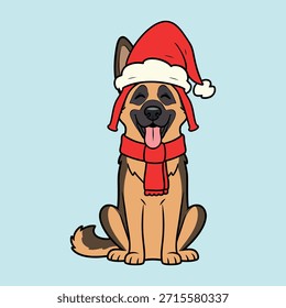 Un alegre perro pastor alemán se sienta, con un sombrero y una bufanda roja de Santa Claus, con la lengua afuera, listo para las celebraciones de Navidad.