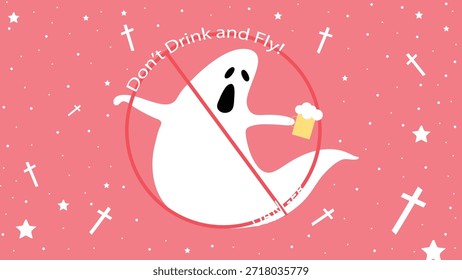 Cheerful ghost with beer, playful warning: 'Don't Drink and Fly!' Ghost, beer, and flying theme repeated on a pink background with stars and crosses. Halloween background vector illustration.
