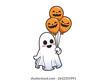 Cheerful ghost character smiling while holding three pumpkin-themed balloons, celebrating the joyful spirit of Halloween festivities
