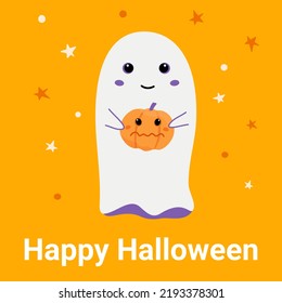 A cheerful ghost holds a pumpkin in his hands. Happy Halloween card. Orange background with stars