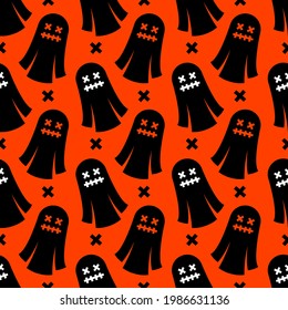 Fantasmas alegres en un fondo naranja. Patrón transparente de Halloween para camisetas o empaque 