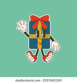 A cheerful gift box mascot with a big smile, waving hello with a friendly gesture. This cute character is perfect for greeting cards, birthday invitations, or any project that needs a touch of festive