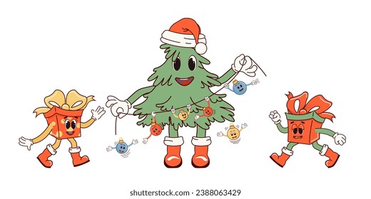 Cheerful, cheerful gift boxes and Christmas tree. Retro character in cartoon fashionable groovy style. The atmosphere is from the 60s and 70s. Merry Christmas and Happy New Year. Vector illustration